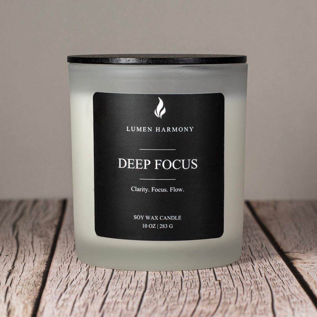 Lumen Harmony Deep Focus candle on a wooden surface with a neutral background