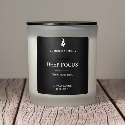 Lumen Harmony Deep Focus candle on a wooden surface with a neutral background