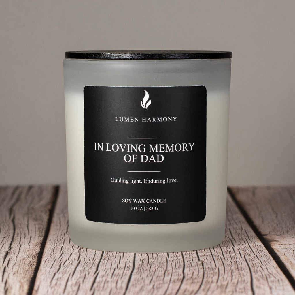 Lumen Harmony Candle with a label on a wooden surface