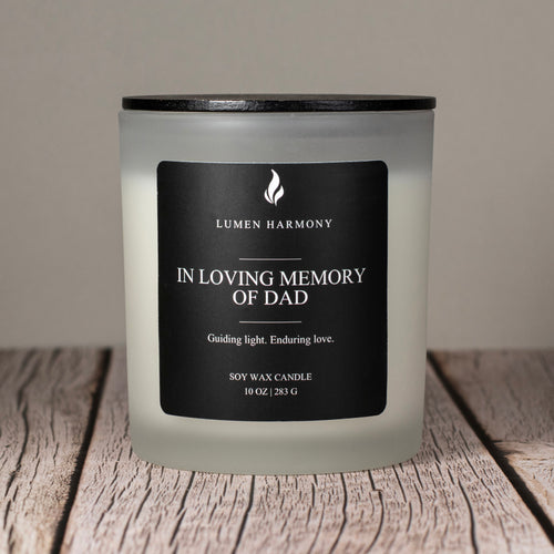 Lumen Harmony Candle with a label on a wooden surface