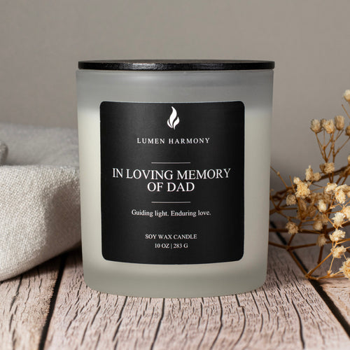 Candle with 'Lumen Harmony' label on a wooden surface