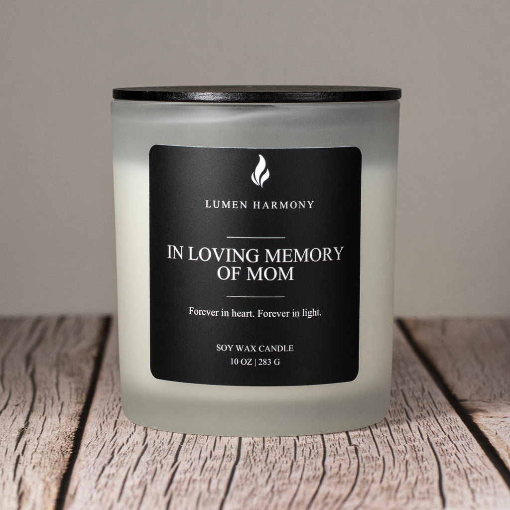 Lumen Harmony Candle with a label on a wooden surface, featuring the brand 'Lumen Harmony'.
