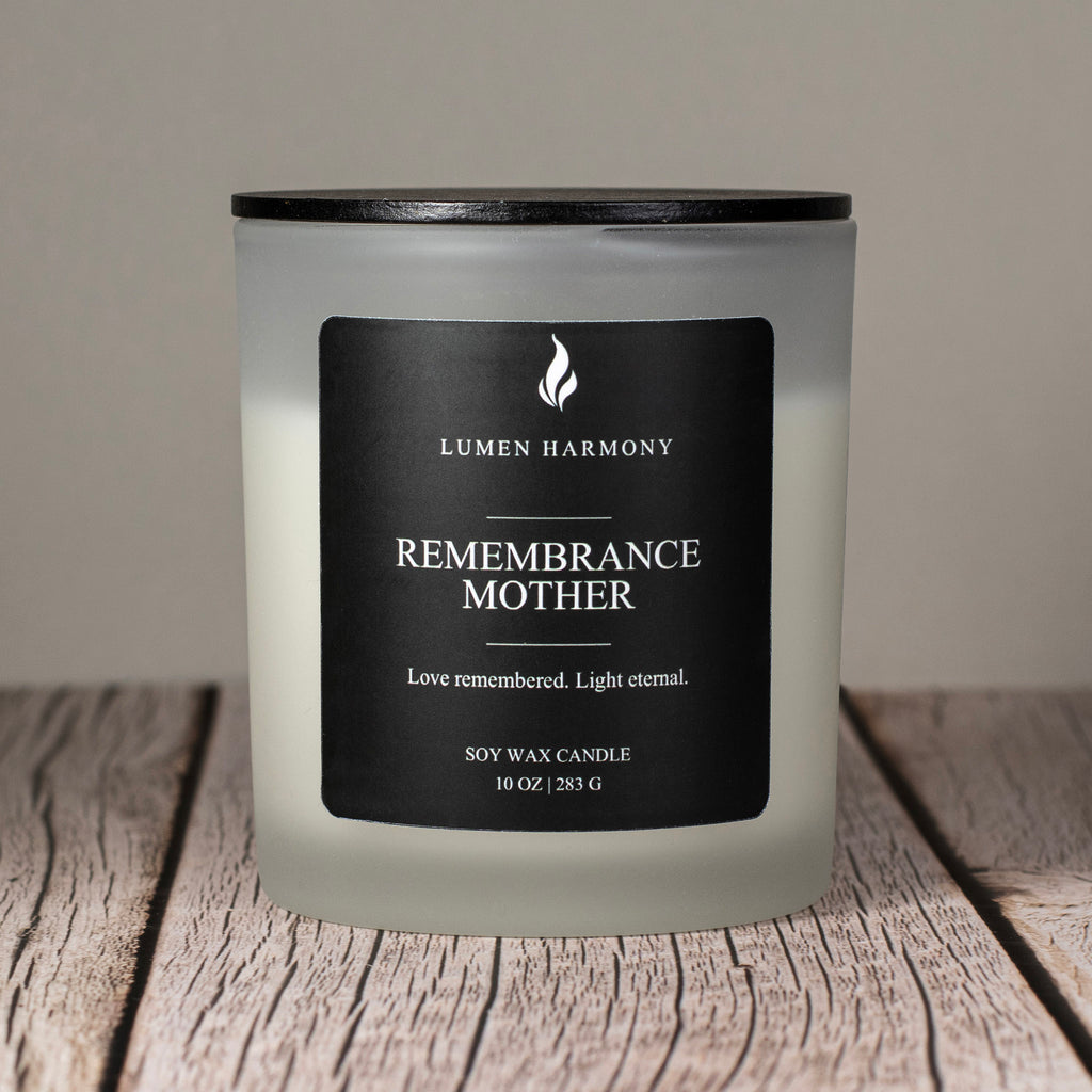Lumen Harmony Candle with a black label on a wooden surface