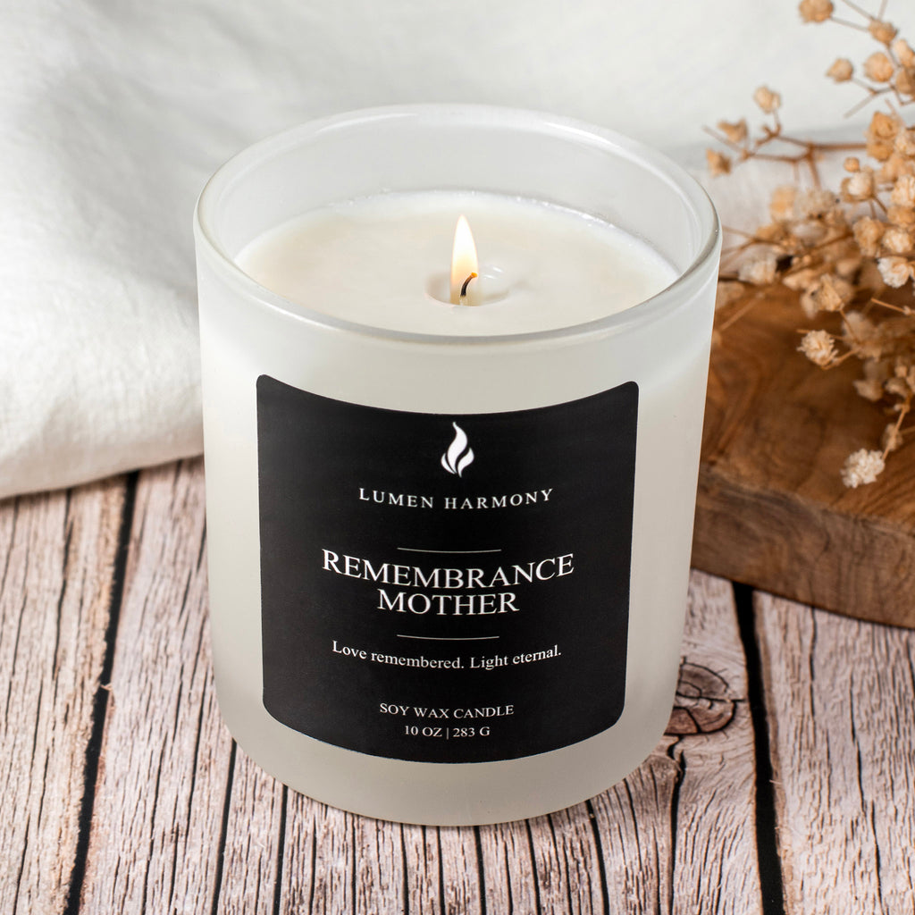 Candle with a label on a wooden surface, featuring the brand 'Lumen Harmony'.