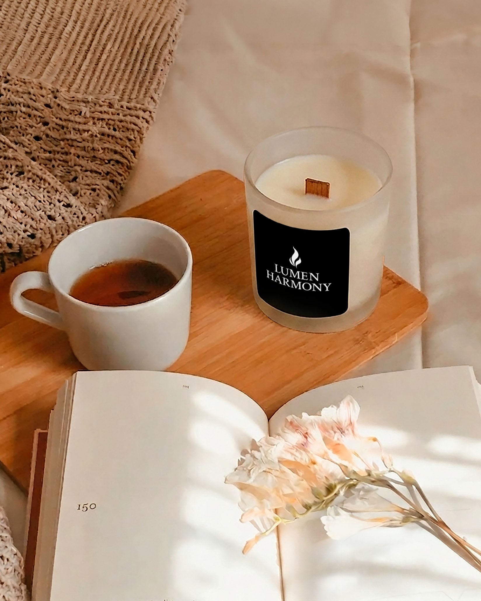A candle in a morning ritual at the bed